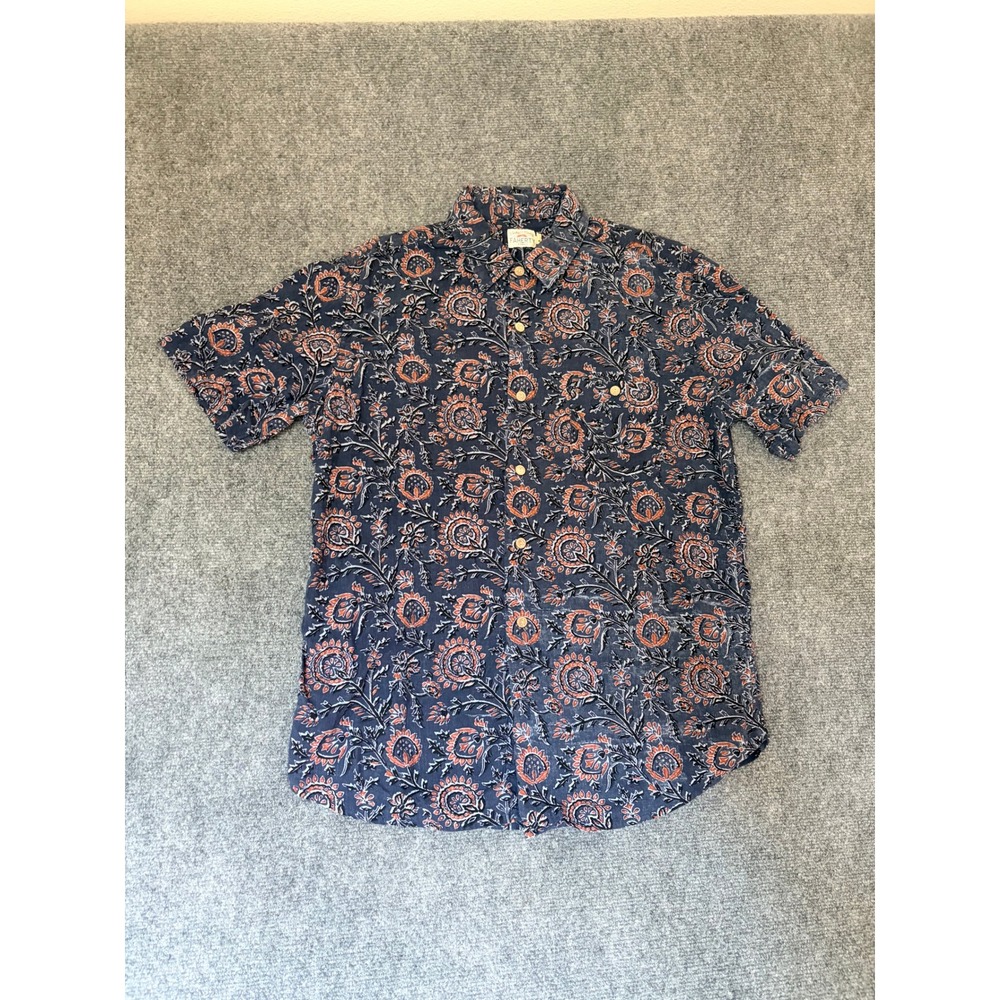 Faherty Brand Mens Navy Blue Floral Paisley Short Sleeve Coast Shirt Sz M